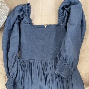 Free People Blue Smocked Long Sleeve Dress